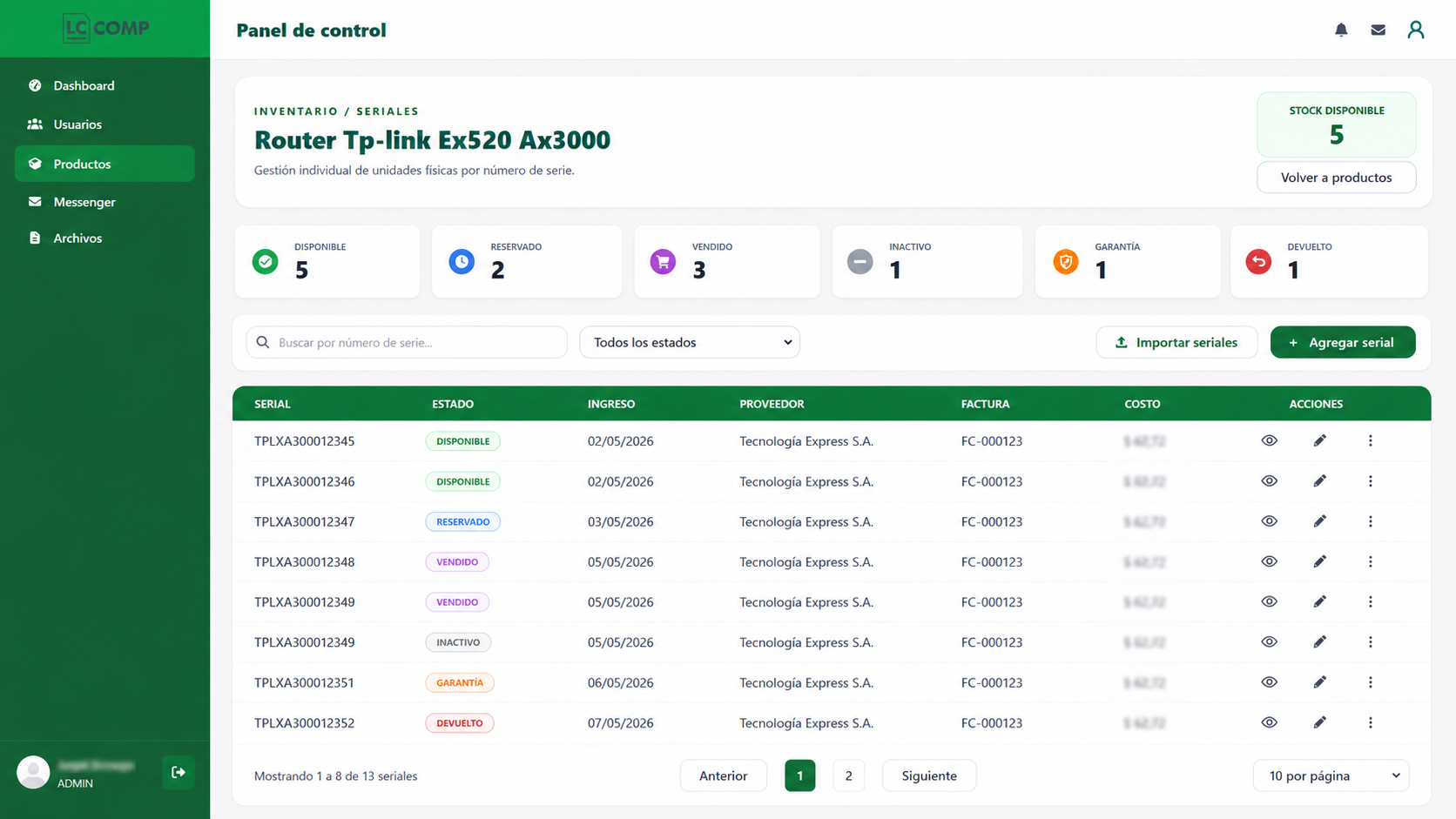 Gestión de stock serializado en el sistema LC COMP
